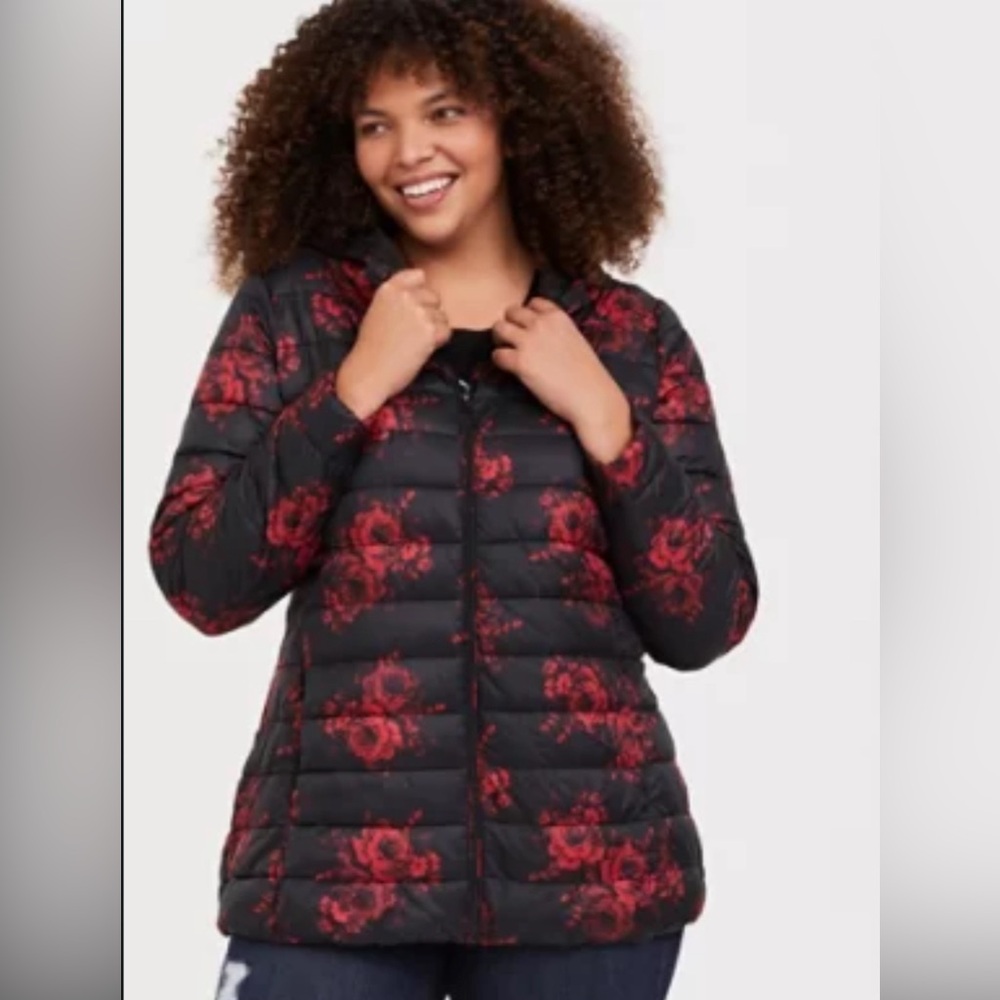 Torrid Black and Red Floral Puffer Jacket